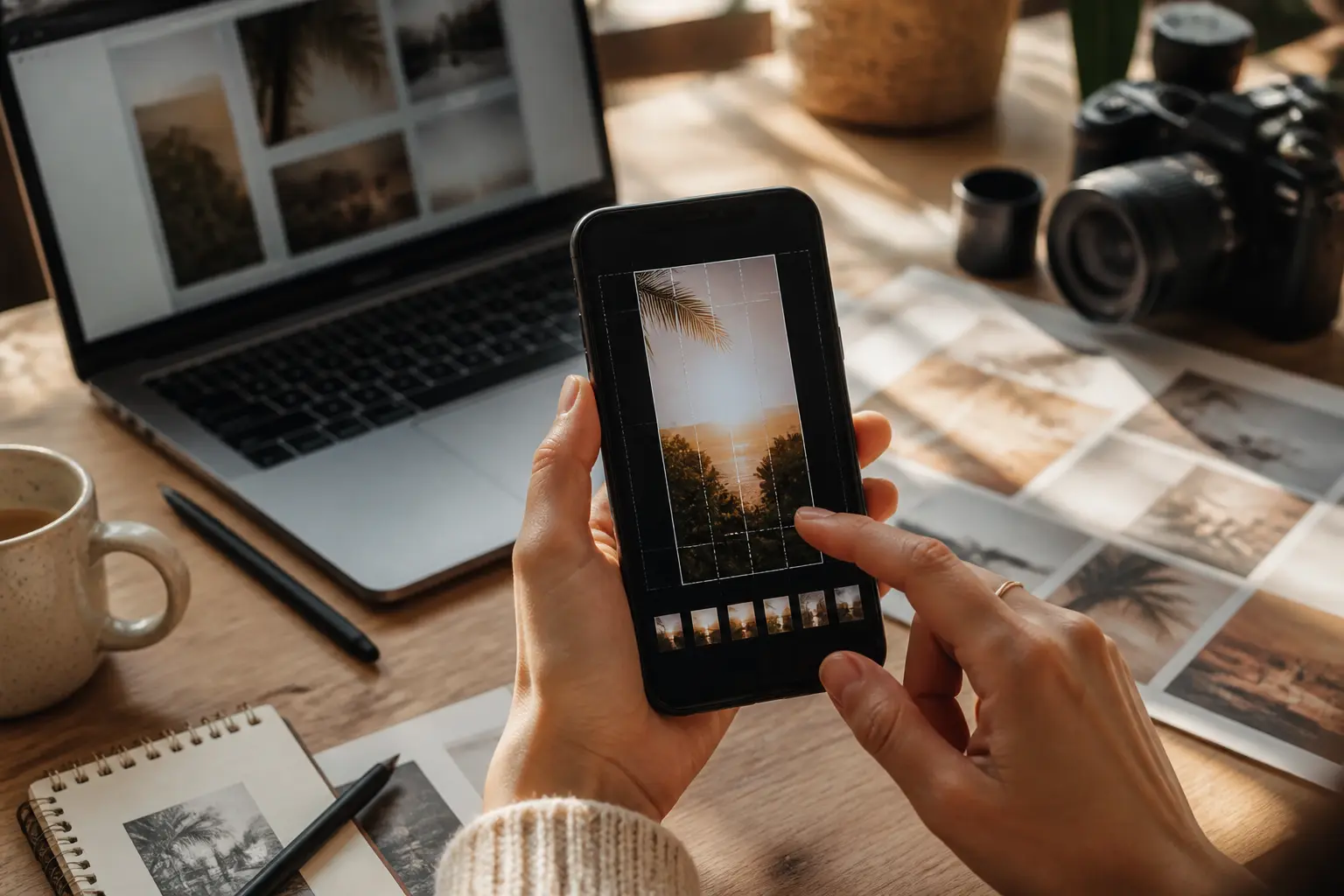 Workspace marketing avec smartphone en format stories instagram, outils de création et repères de cadrage 9:16.