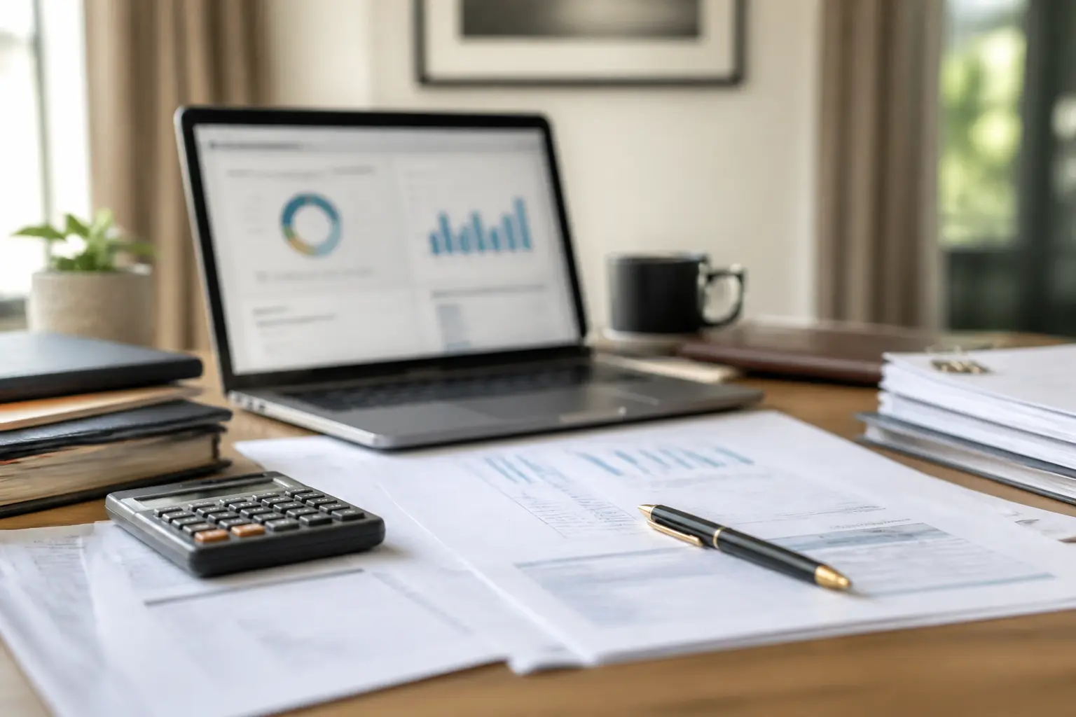 Bureau organisé avec documents fiscaux ifu, calculatrice, ordinateur et relevés financiers dans une ambiance calme et moderne