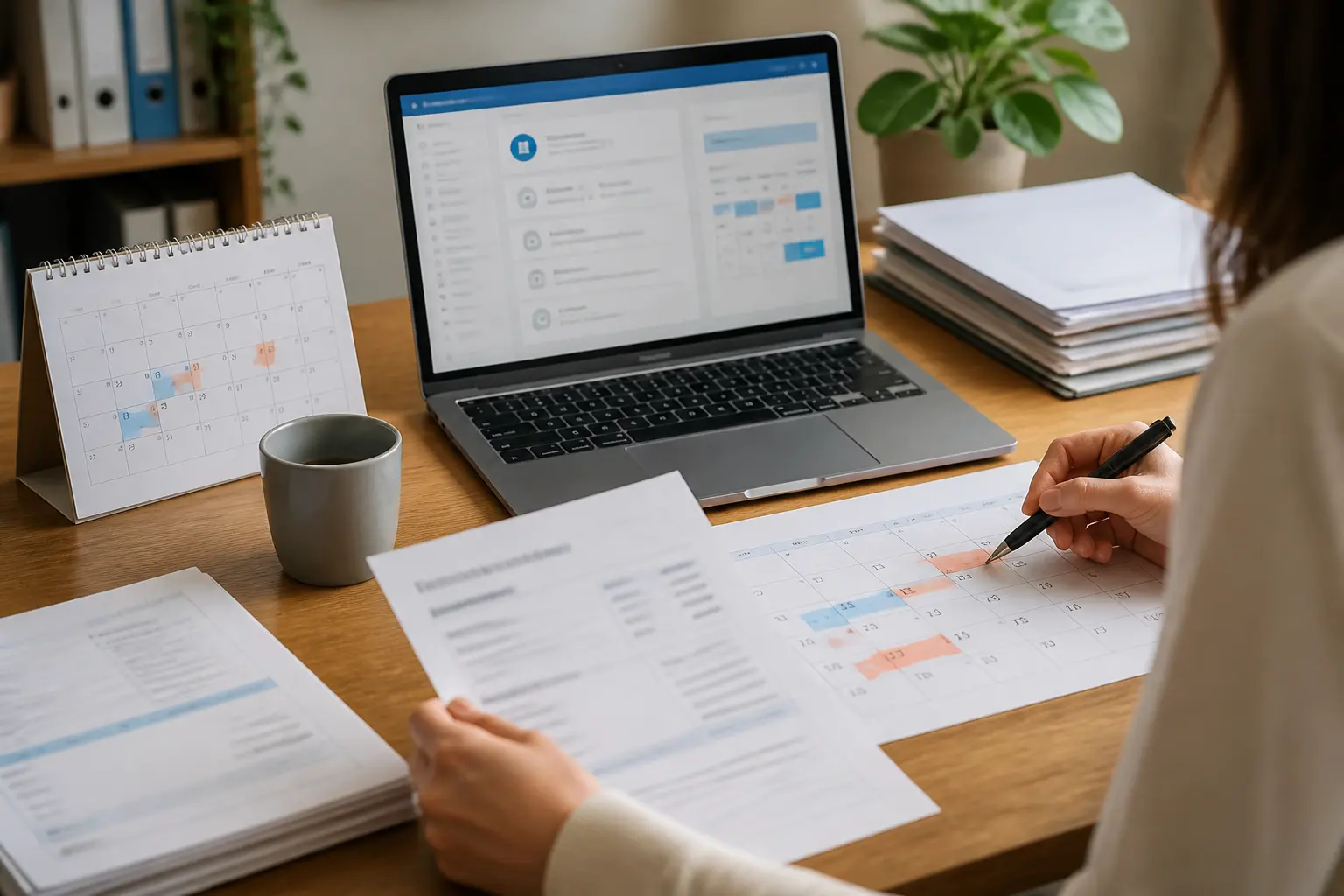 Jour de fractionnement en gestion RH : bureau, calendrier, ordinateur, bulletin de paie et dates de congés annotées