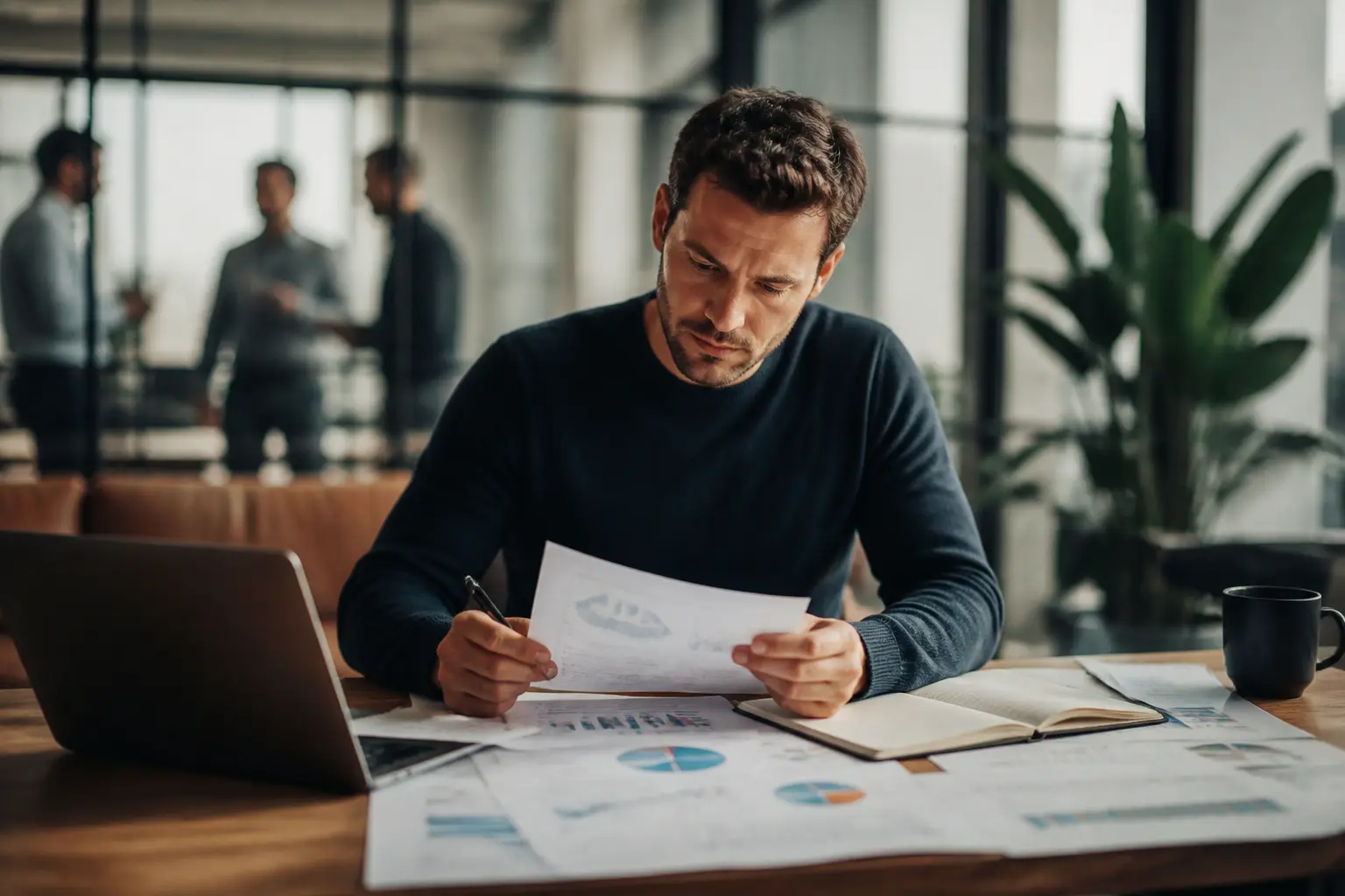 Fondateur en bureau analysant documents financiers et cap table pour une levée de fonds, laptop et graphiques sur la table
