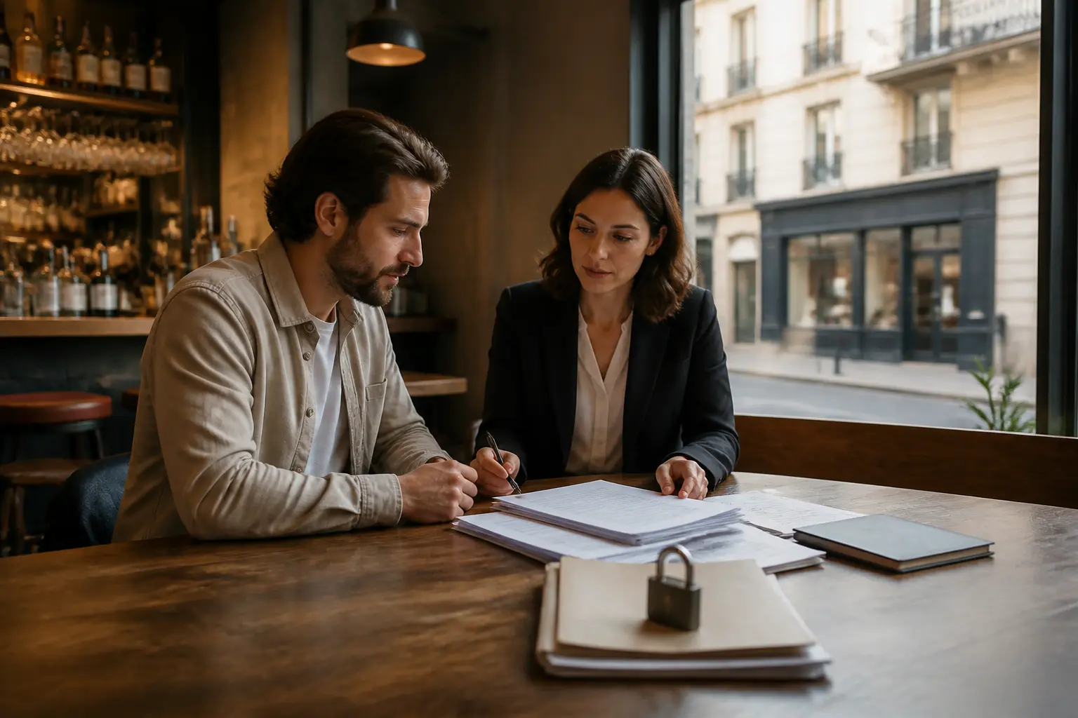 Bar moderne avec propriétaire, avocat et documents sur la licence 4 alcool pour ouvrir un établissement en France
