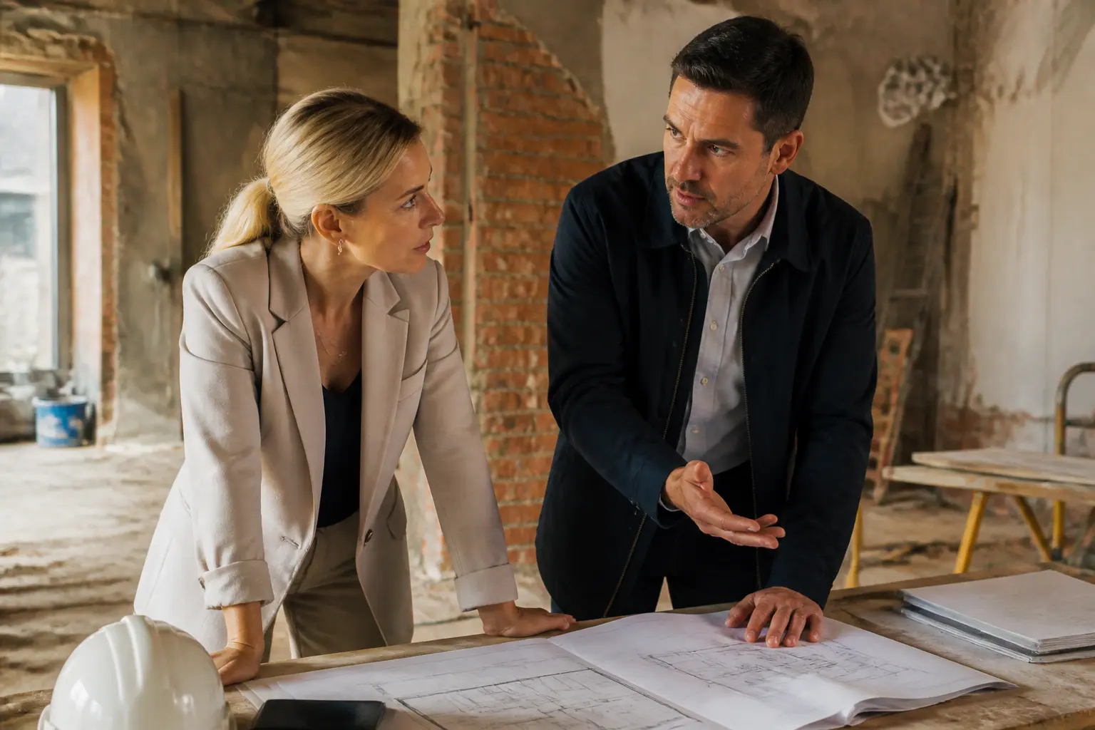 Réunion sur chantier entre maitre d'oeuvre et maitre d'ouvrage, plans en main, rénovation en cours et tensions de coordination