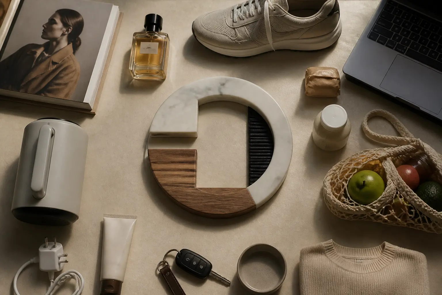 Flat lay éditorial d’objets classés par univers, évoquant une marque en d dans un bureau moderne et soigné