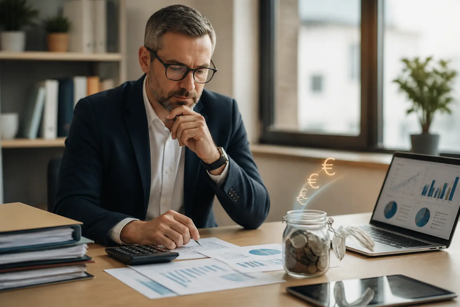 Employé français consultant un perco retraite au bureau, calculatrice, dossiers et graphiques financiers sur ordinateur