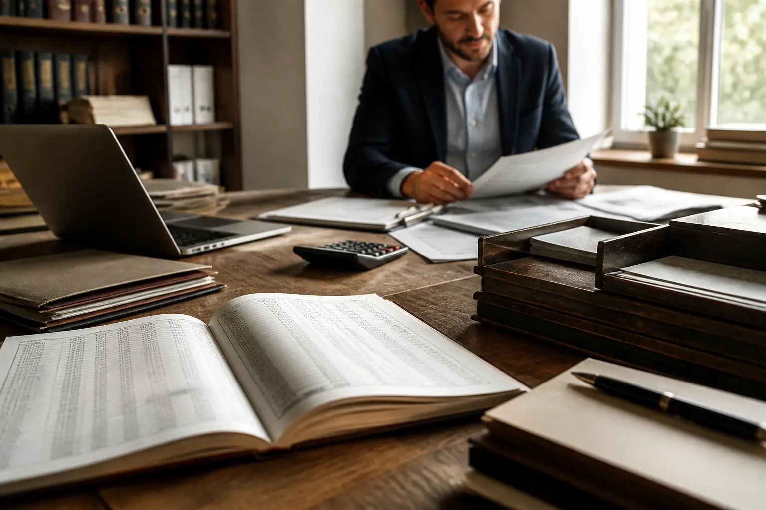 Bureau d’expert-comptable avec plan comptable, documents financiers, calculatrice, ordinateur et analyste concentré