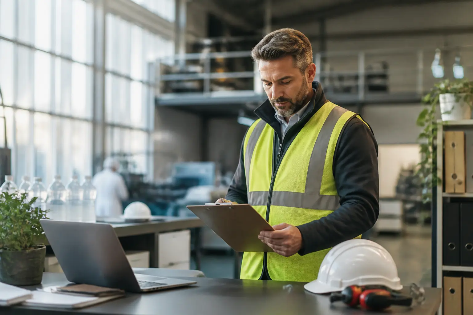 qhse définition en entreprise française : responsable QHSE avec clipboard et tableau numérique en atelier industriel propre, sécurité et qualité visibles