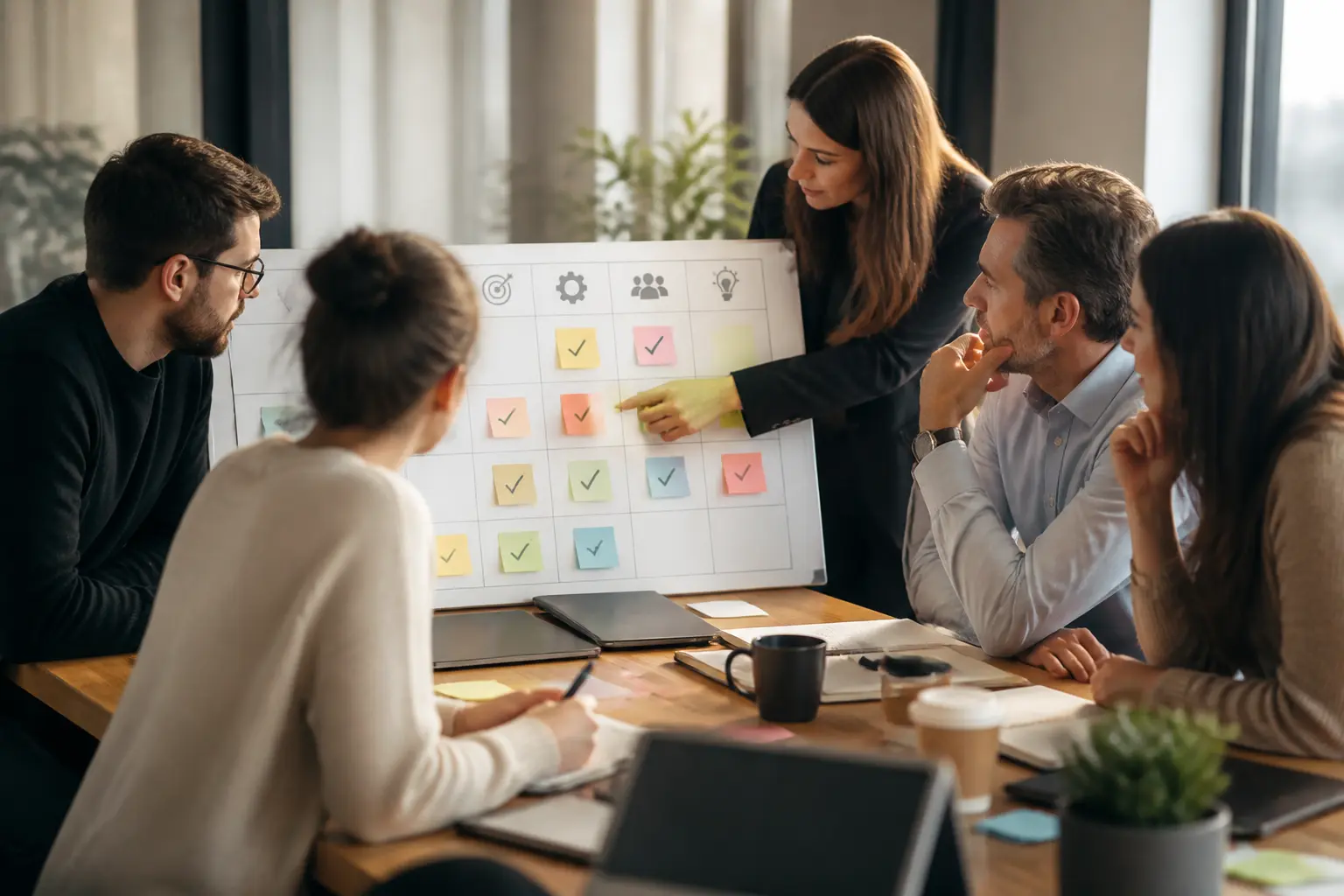 Réunion d’équipe autour d’un tableau raci, rôles clairs et coordination dans un bureau moderne français
