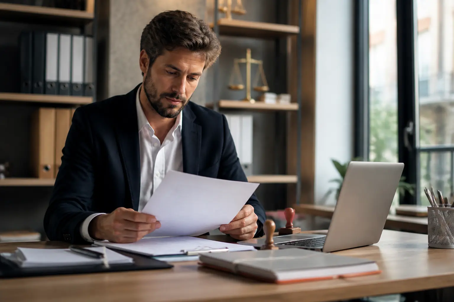 raison sociale c'est quoi : entrepreneur français en bureau, documents officiels, facture signée et dossier d’entreprise sur le bureau