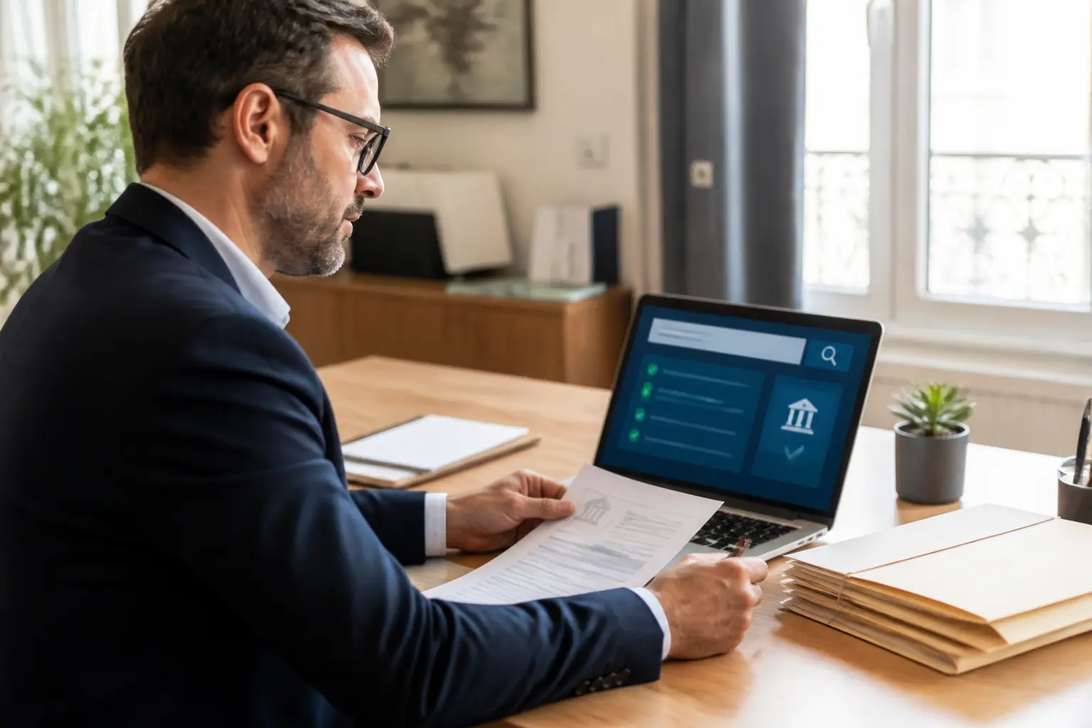 Professionnel français vérifiant des documents rne et l’enregistrement d’entreprise sur ordinateur au bureau