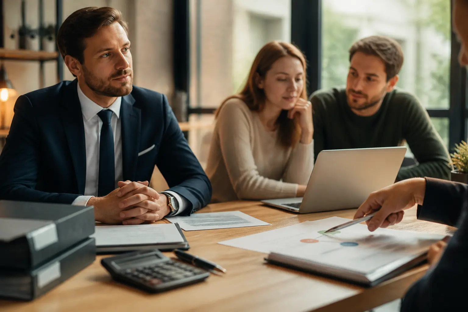 Comparaison sas ou sarl sur bureau d’entrepreneur français, dossiers, calculatrice, équipe startup et documents juridiques.
