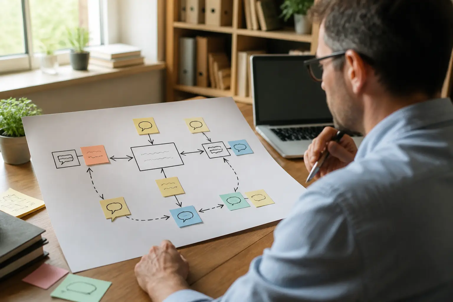 Schéma de communication sur bureau en entreprise, manager analysant un flowchart clair avec flèches, notes et feedback.