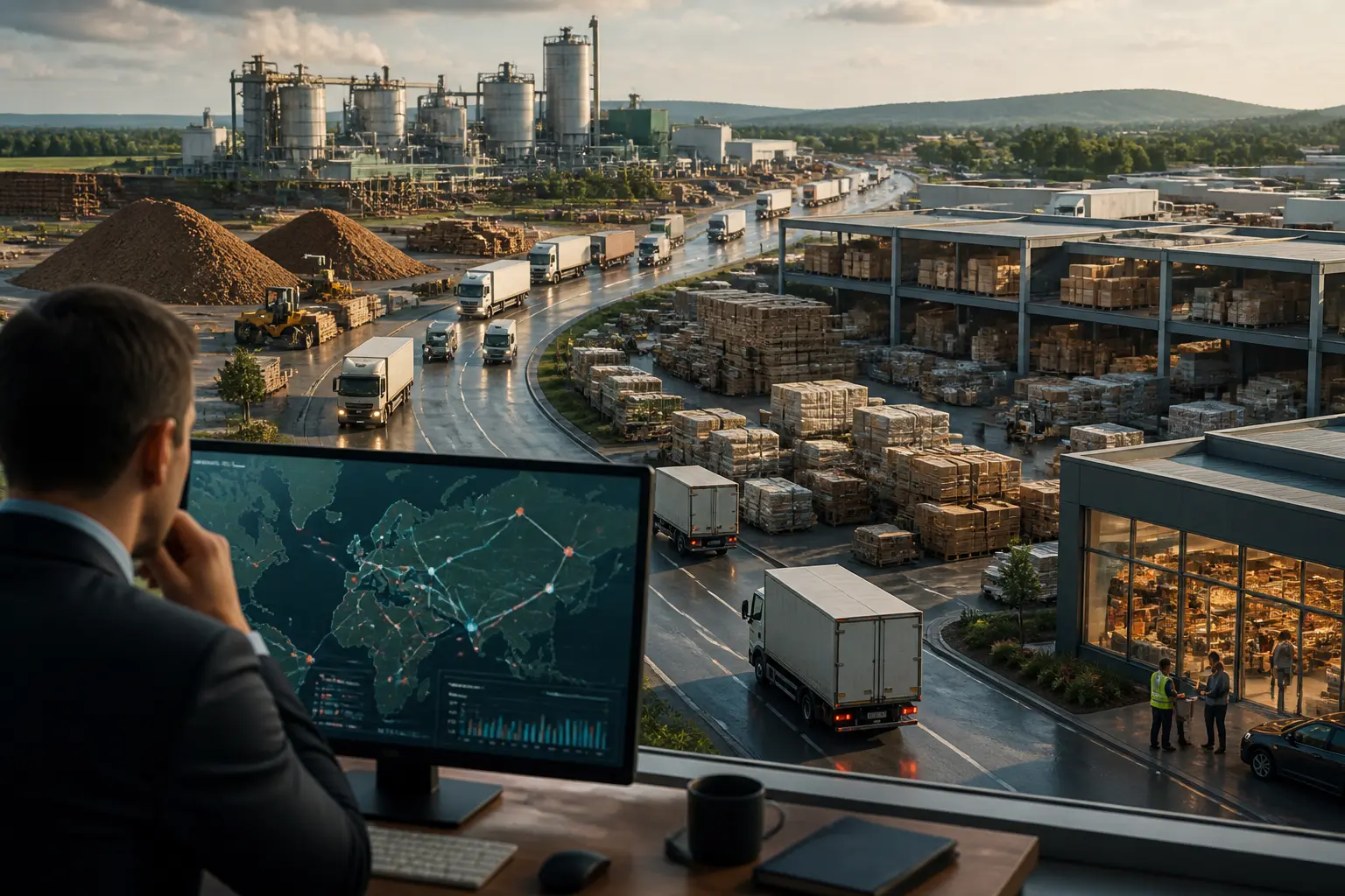 Professionnel analysant une supply chain de bout en bout, entre fournisseurs, usine, entrepôt, transport et livraison client, avec goulots d’étranglement visibles