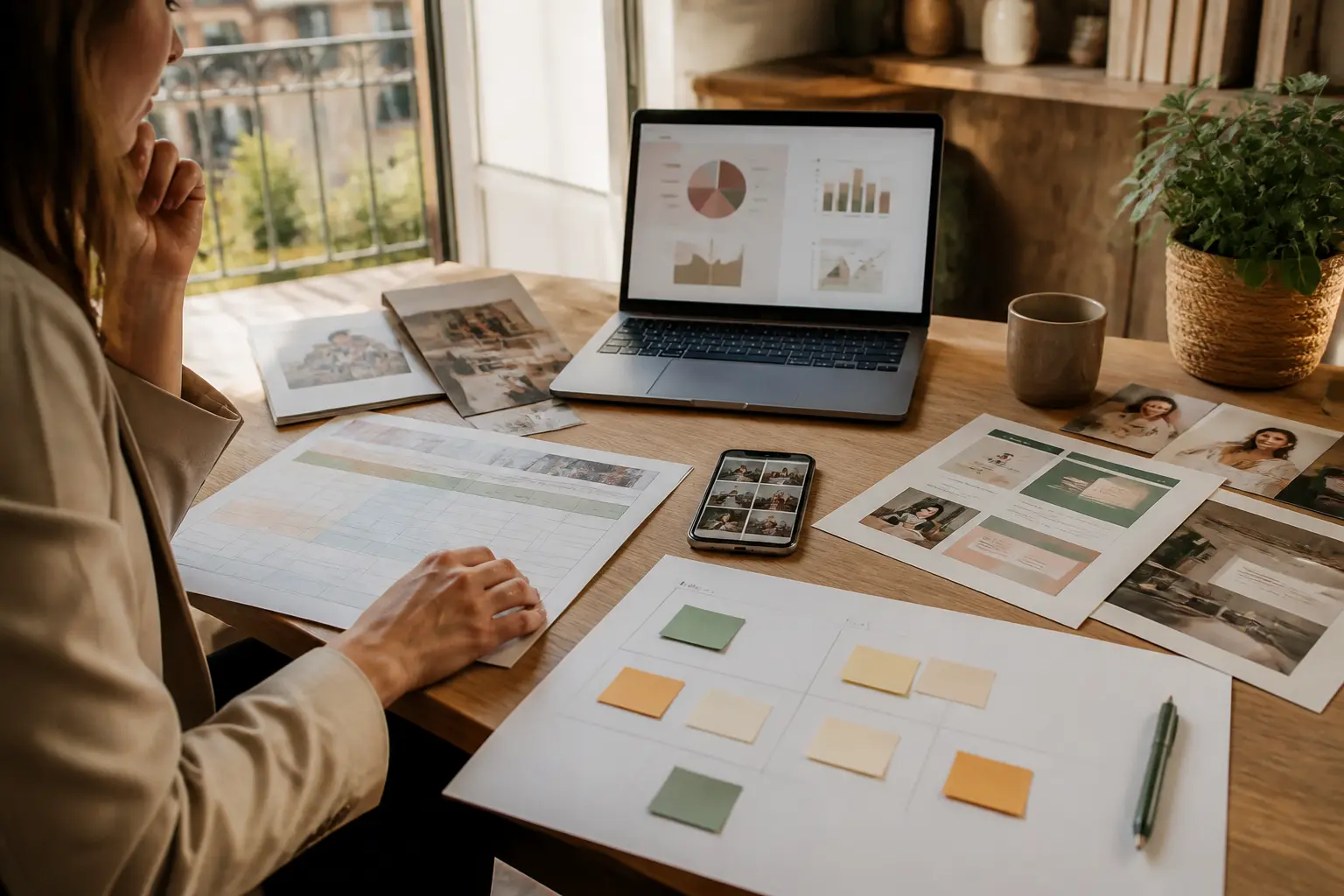 Professionnel analysant des supports de communication multicanaux sur un bureau, stratégie marketing et budget maîtrisé