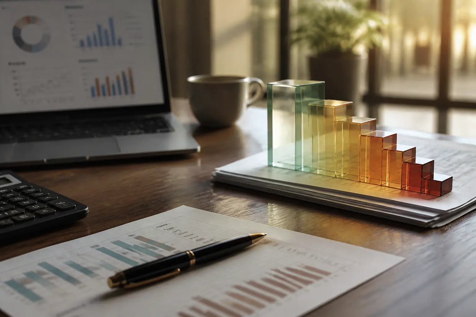 Tableau des sig sur bureau d’expert-comptable avec rapport financier, calculatrice, ordinateur et graphiques abstraits