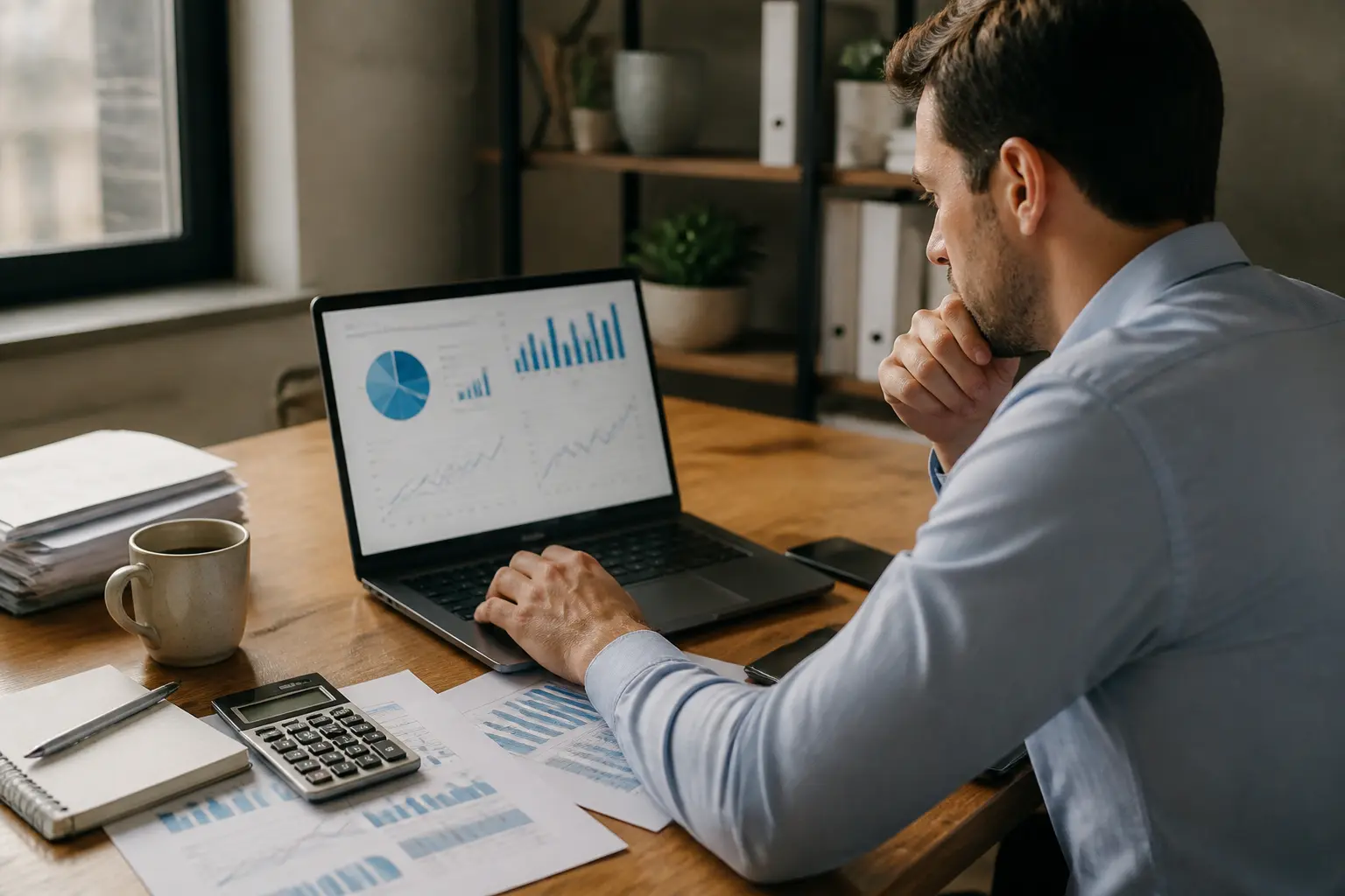 Responsable financier PME analysant un tableau flux de trésorerie sur laptop, rapports, calculatrice et café sur bureau.