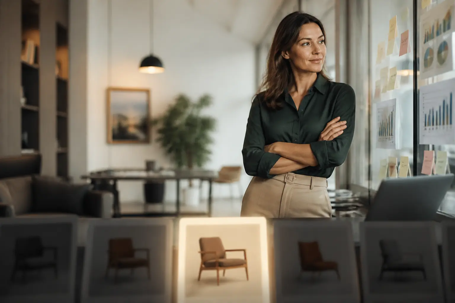 Stratège marketing en bureau moderne, mettant en avant un usp clair parmi plusieurs offres concurrentes floutées