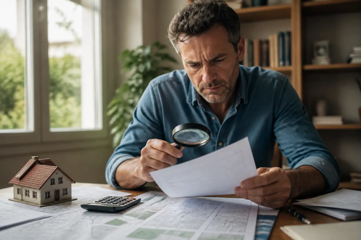 Propriétaire français examinant sa valeur locative cadastrale avec calculatrice, loupe, papiers et maquette de maison