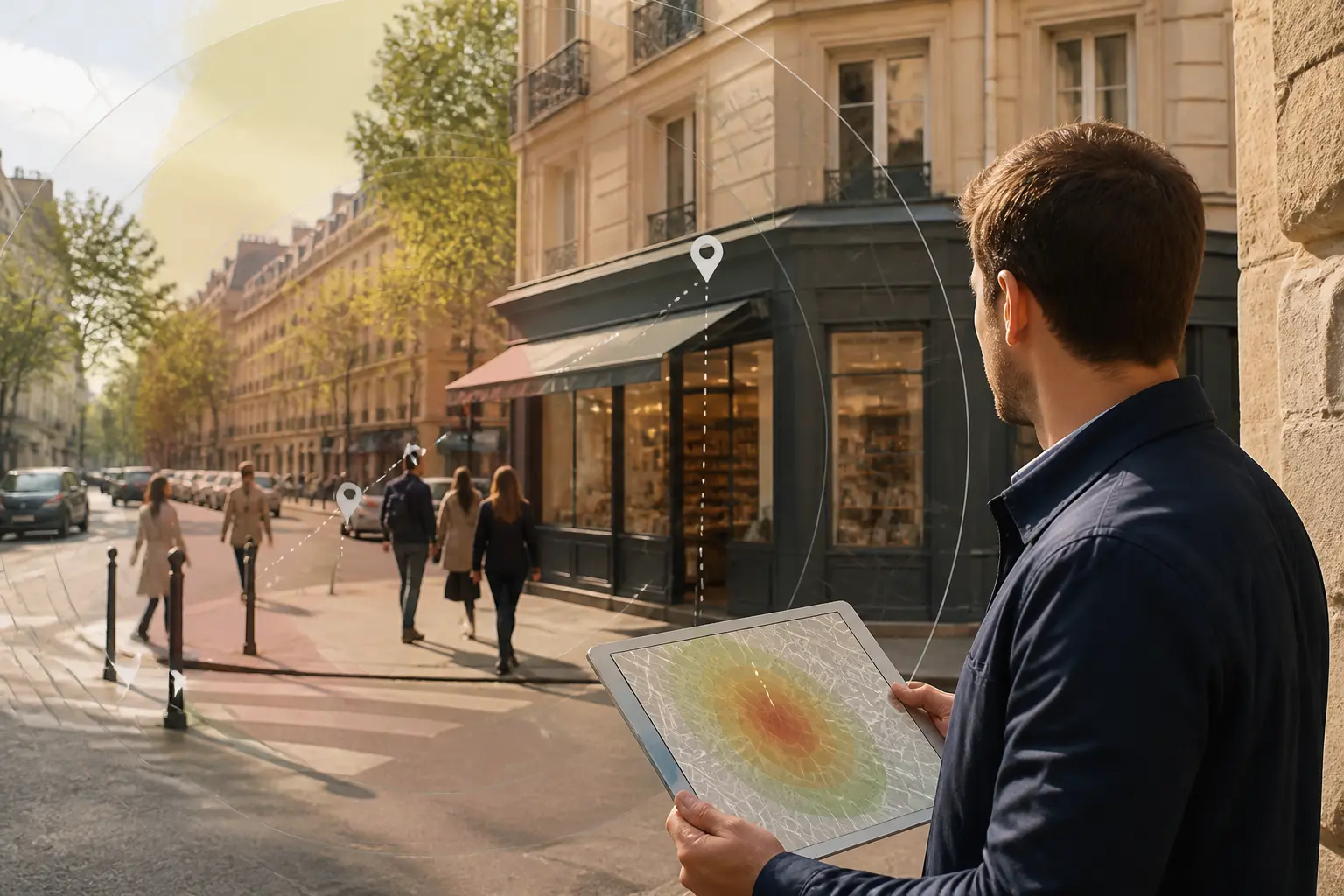 Analyse de zone de chalandise en ville : commerçant, carte, magasin, rues, parking et flux piétons en quartier français