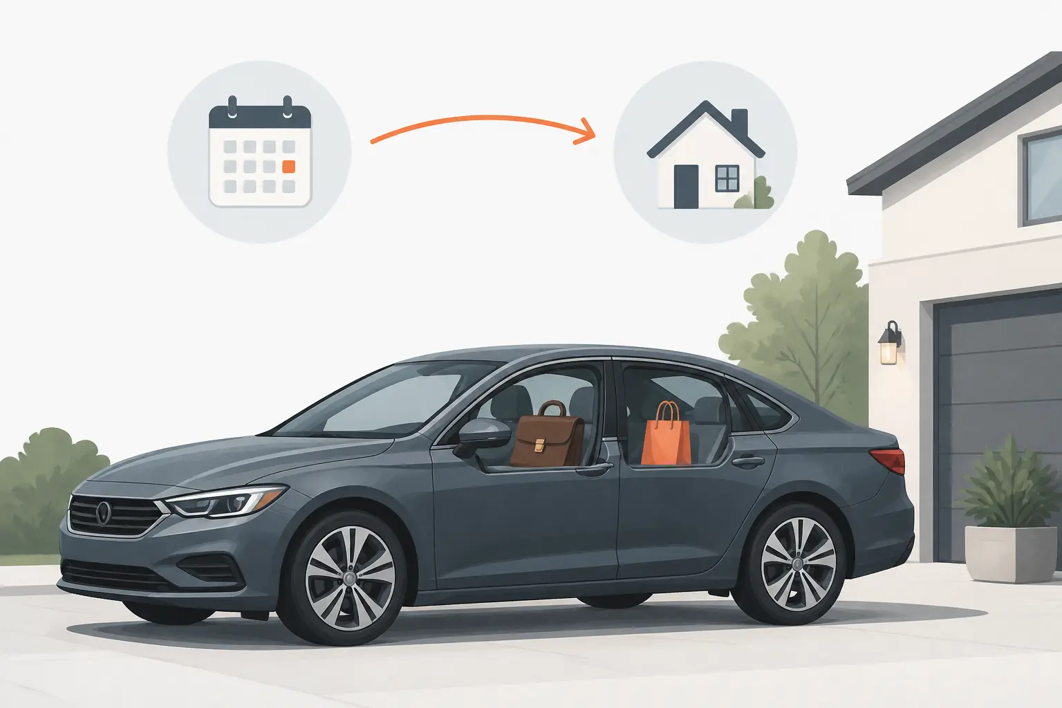 Avantage en nature véhicule : voiture de société garée devant une maison, avec valise et sac de courses.