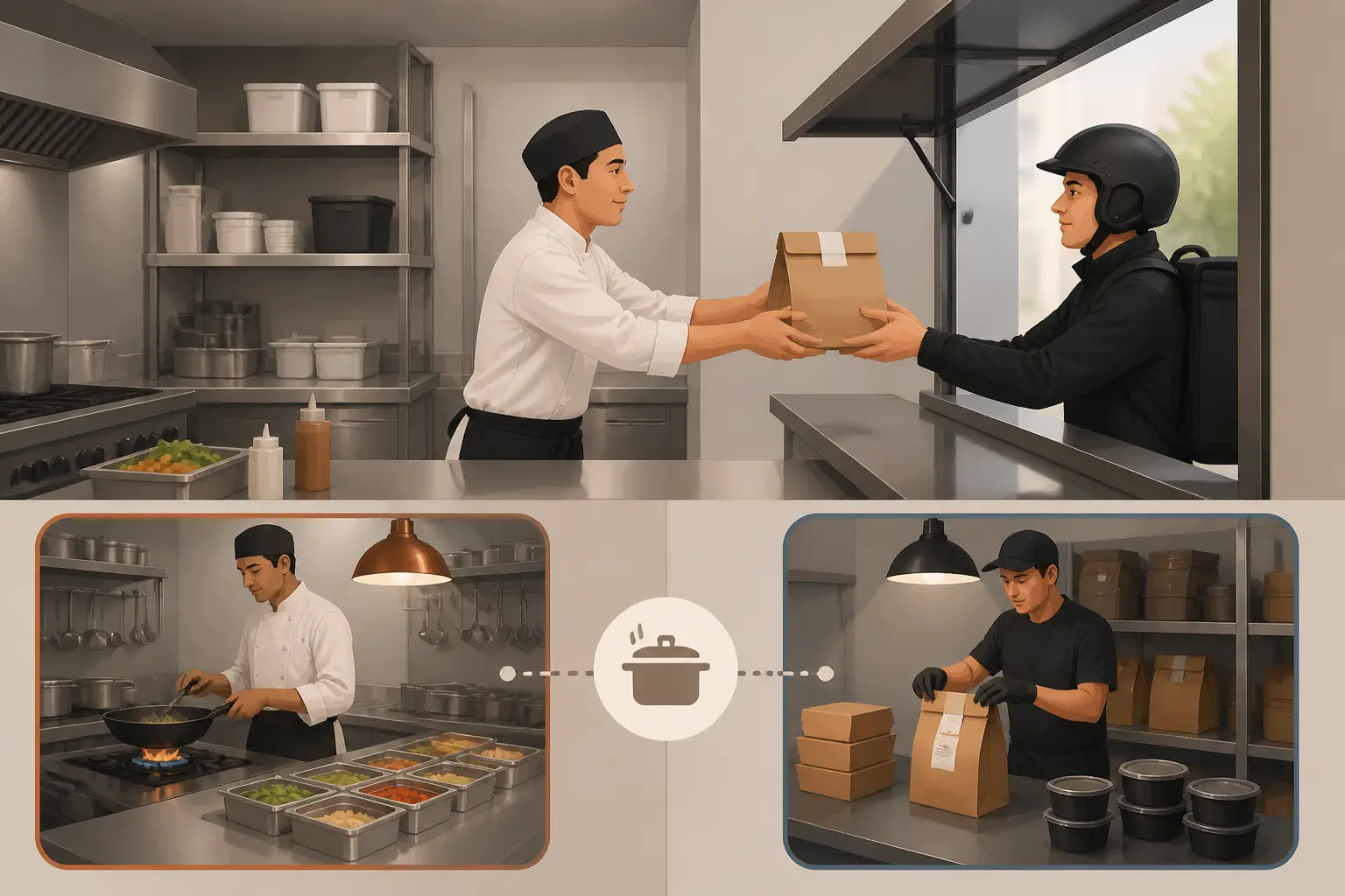 Dark kitchen : chef en cuisine inox remet un sac de livraison à un coursier, sans salle ni clients.