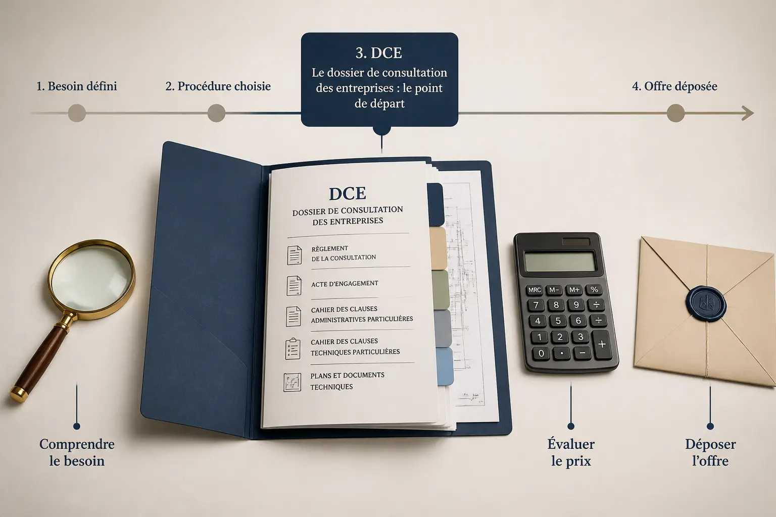 DCE au centre d’un dossier de consultation, avec loupe, calculatrice et enveloppe d’offre