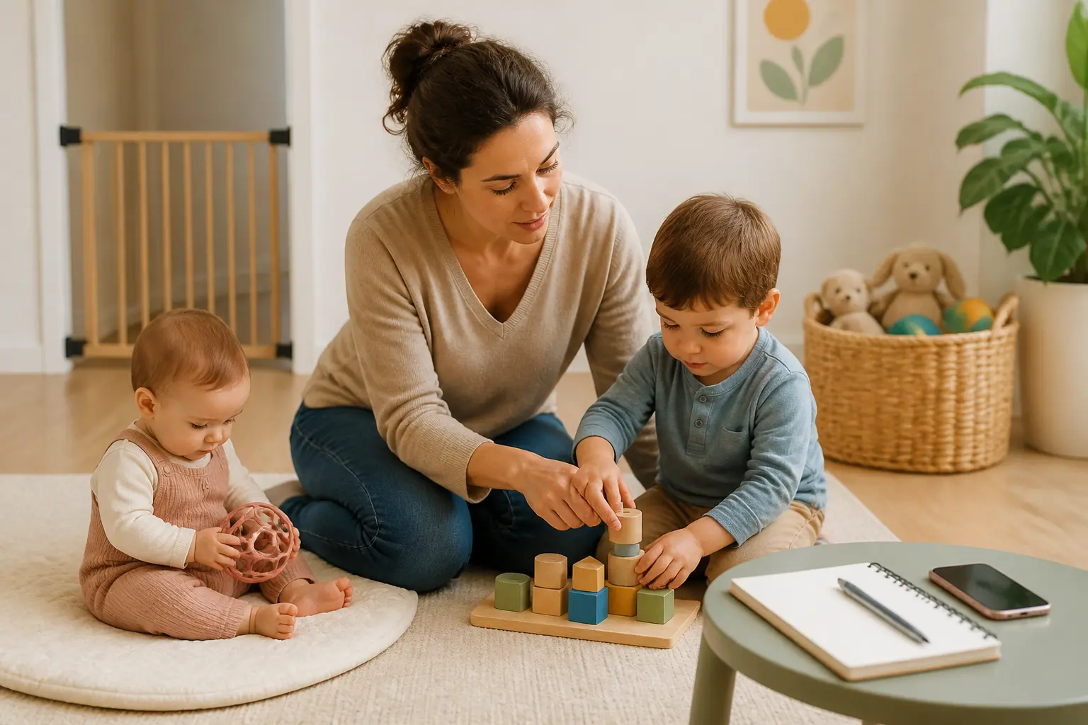 Devenir assistante maternelle : une professionnelle veille sur deux enfants dans un salon sécurisé et organisé.
