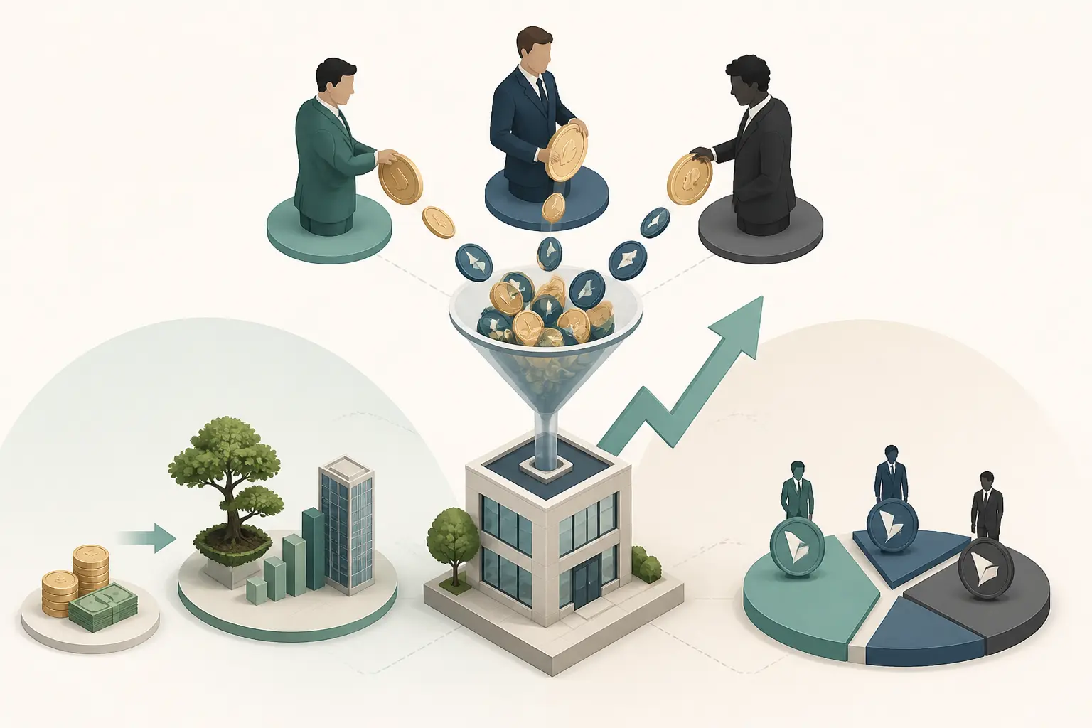 Levée de fonds : startup recevant des capitaux de trois investisseurs, avec croissance et parts d’equity
