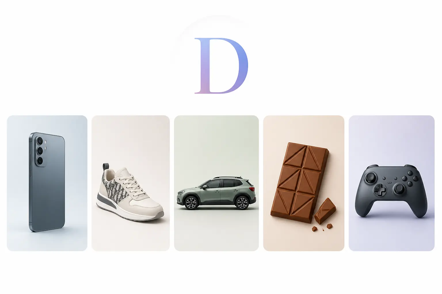 Marque en D : cinq repères visuels de Dell, Dior, Dacia, Daim et Discord en mini-cartes épurées.
