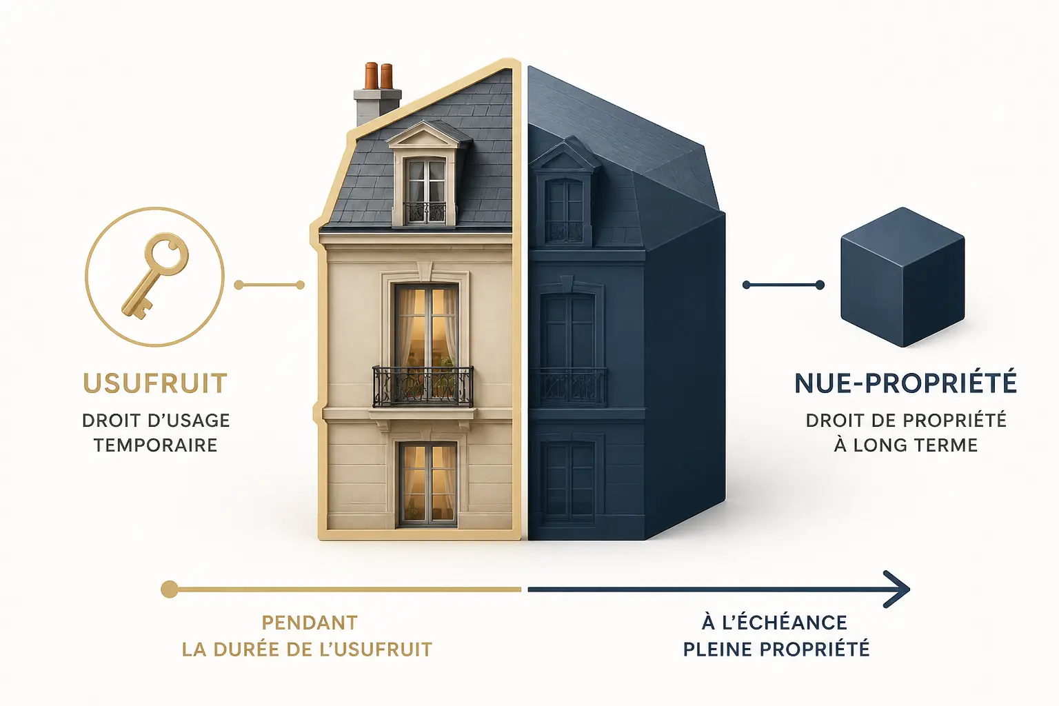 Schéma de nue propriete : maison divisée entre usage temporaire et valeur de propriété durable.