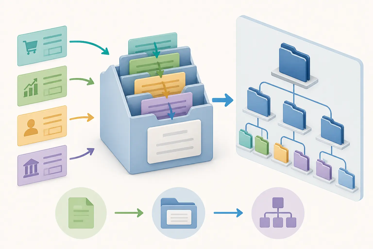 Plan comptable illustré : dossiers isométriques triant achats, ventes, salaires et transferts par comptes.