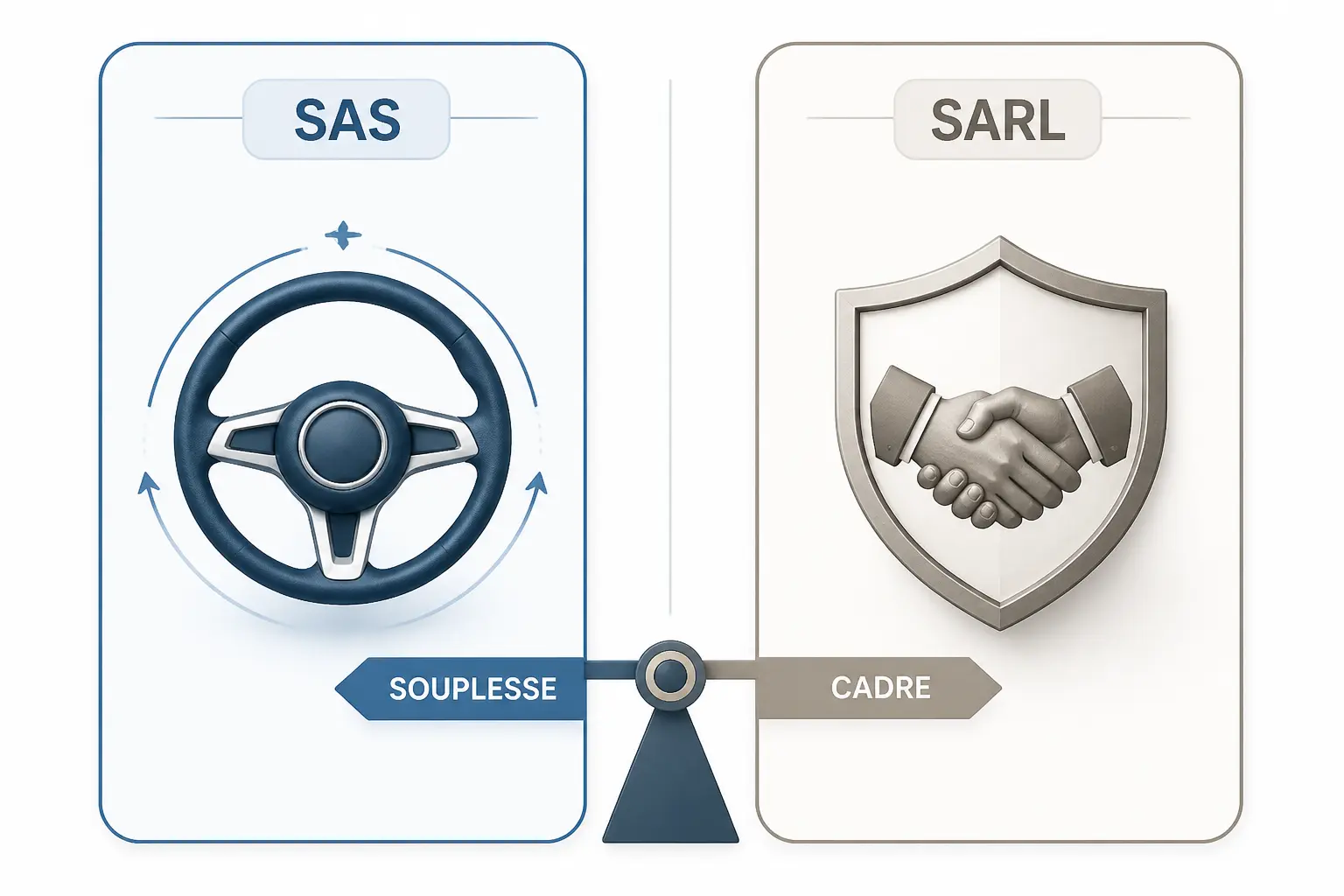 Comparatif sas ou sarl en deux cartes : gouvernance souple pour SAS, cadre protecteur pour SARL.