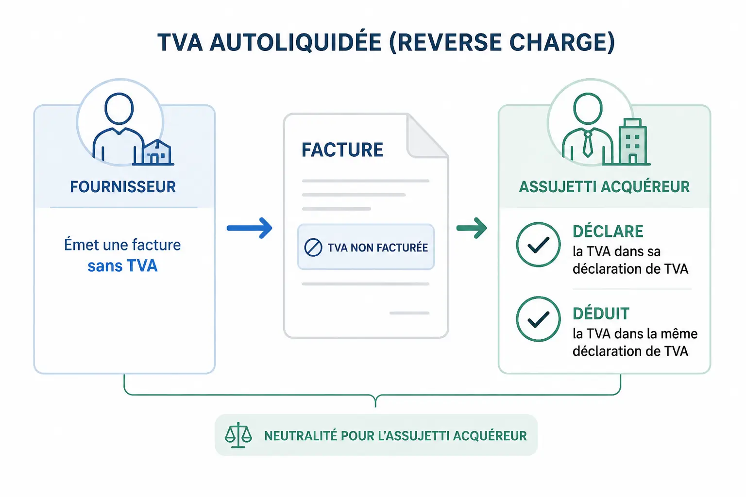 Schéma de tva autoliquidation : fournisseur facture sans TVA, acheteur déclare et déduit la TVA.
