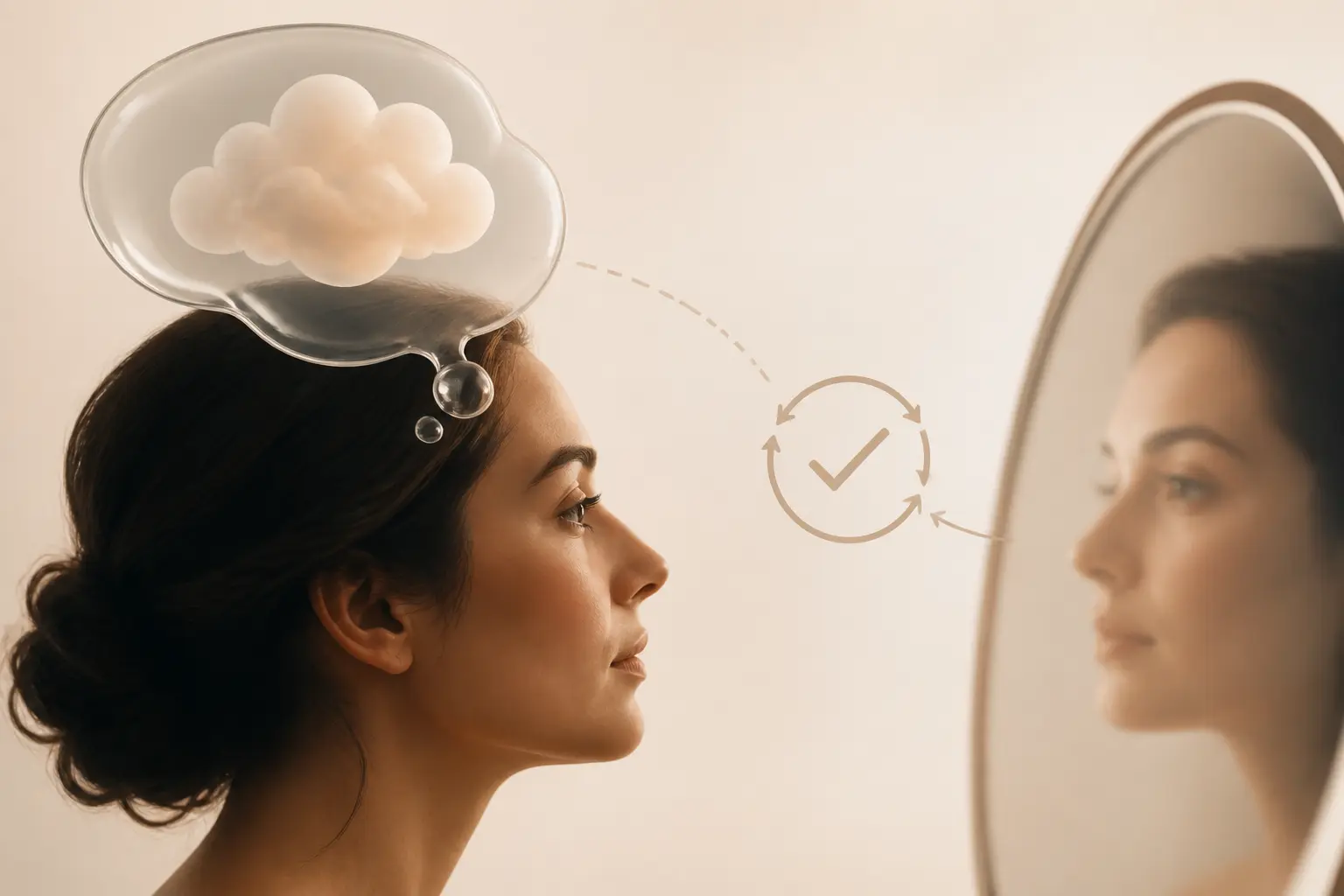 Profil d’un visage avec bulle de pensée et reflet, illustrant l’effet barnum et l’auto-reconnaissance.