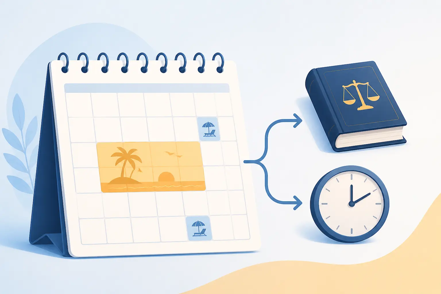 Calendrier annuel illustrant le jour de fractionnement avec congé principal et jours séparés, livre de droit et horloge