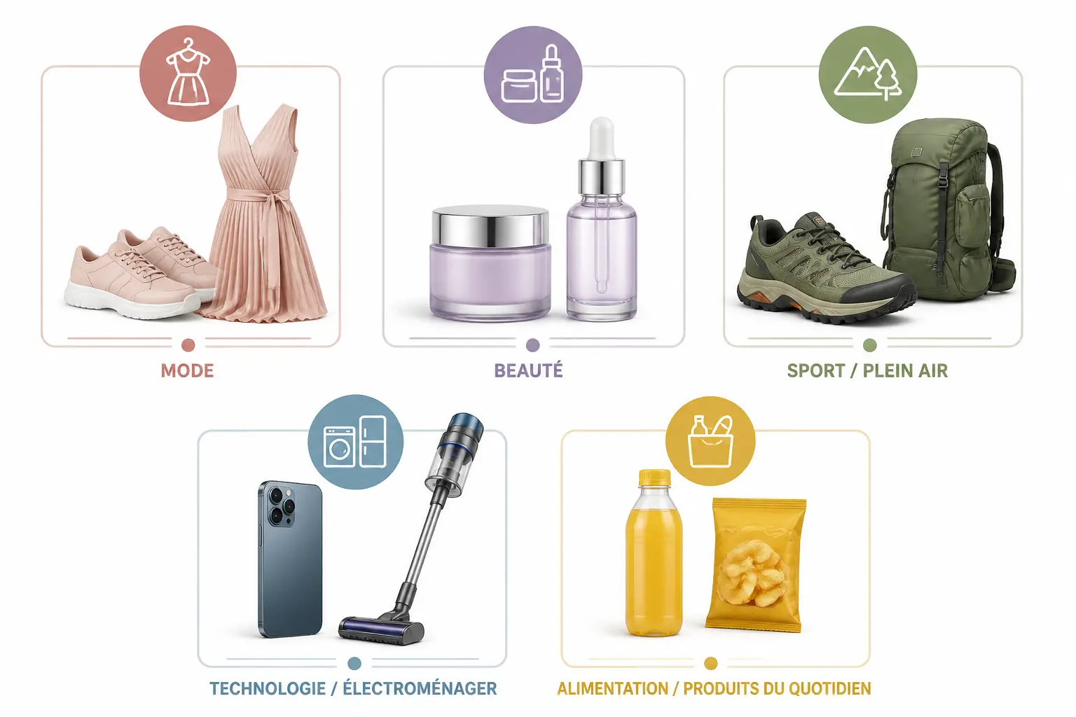 Infographie claire des marques en d : 5 univers illustrés par icônes mode, beauté, sport, tech et alimentation.