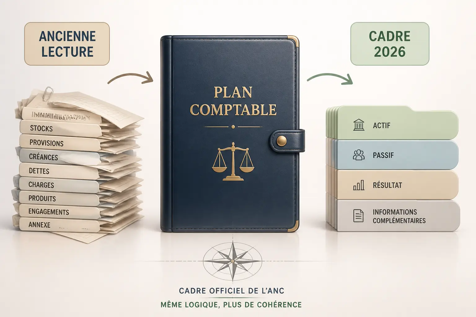 Schéma éducatif du plan comptable 2026 : ancien repère, cadre 2026 et logique de numérotation simplifiée