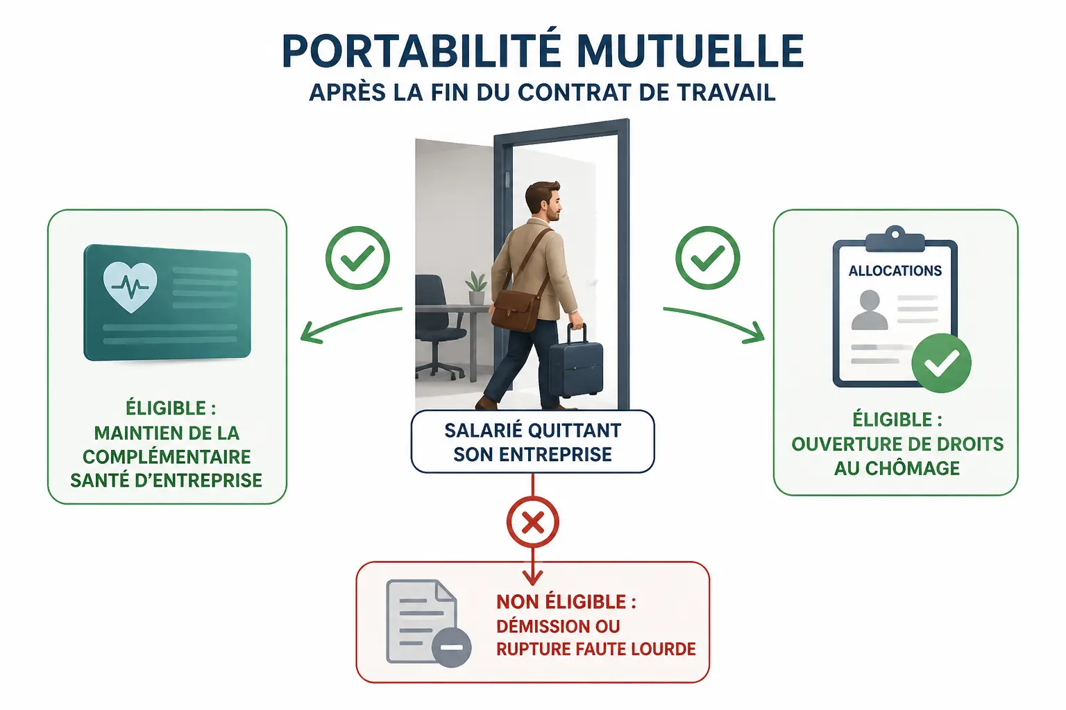 Portabilité mutuelle : schéma d’éligibilité après fin de contrat, salarié, assurance santé et chômage validés