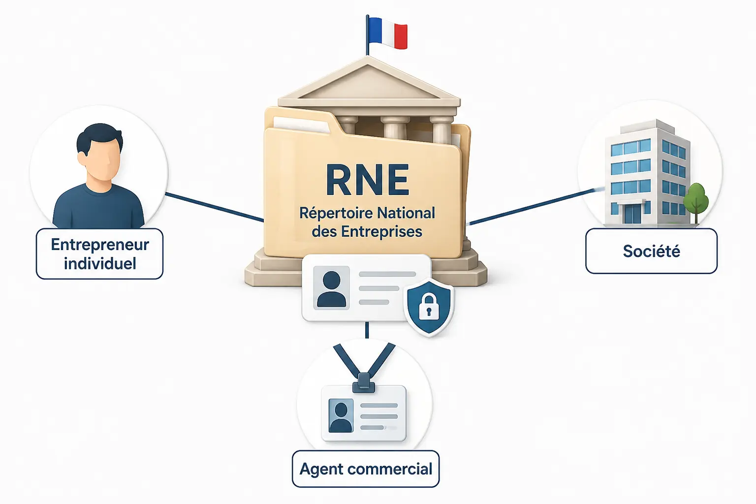 Schéma clair du RNE reliant entrepreneur, entreprise et agent commercial, avec une donnée protégée.