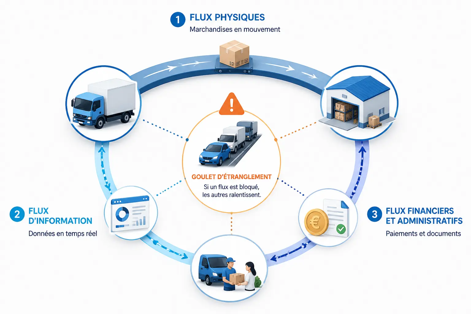 Supply chain : schéma des trois flux à piloter, physiques, informationnels et financiers, avec un point de blocage.