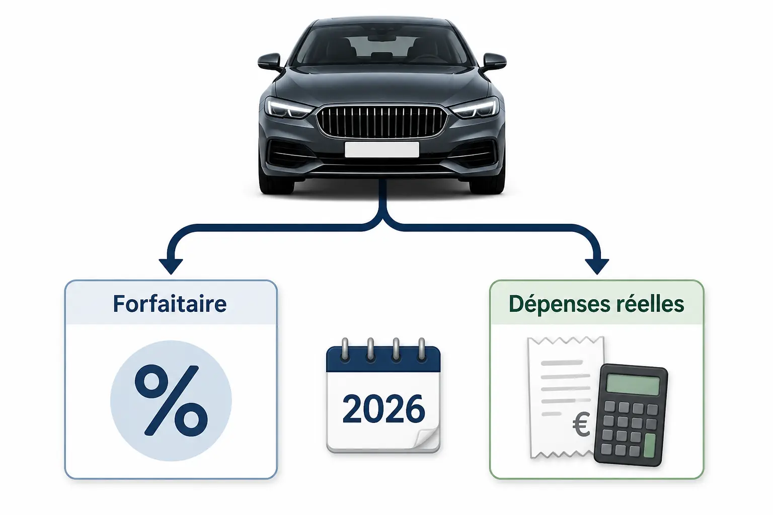 Schéma 2026 de calcul de l’avantage en nature véhicule : forfaitaire ou dépenses réelles.
