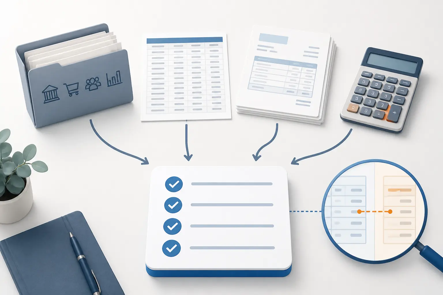 Préparation das 2 : dossier, export comptable, factures et calculatrice reliés à une checklist.