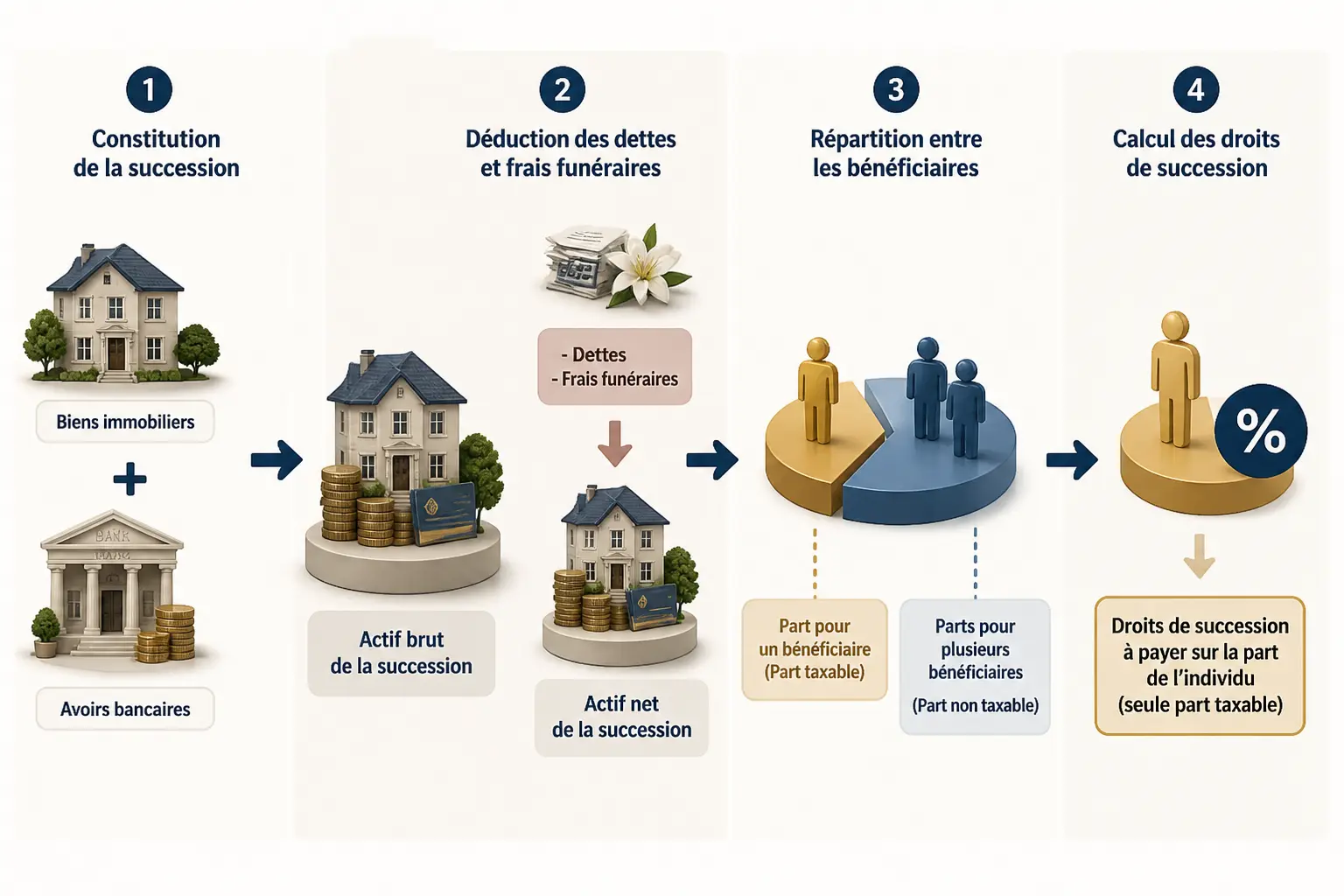 Droit de succession : schéma en 4 étapes du calcul, de l’héritage brut à la part taxable.