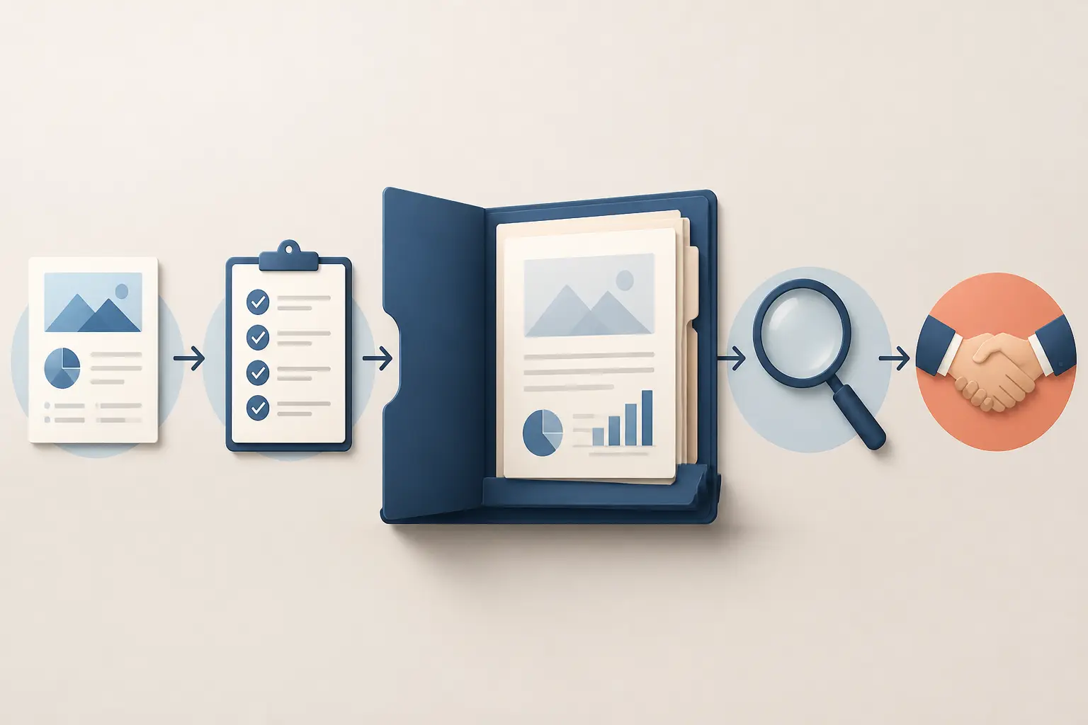 Dossier de levée de fonds ouvert, avec pitch deck, checklist, calendrier, loupe et poignée de main.