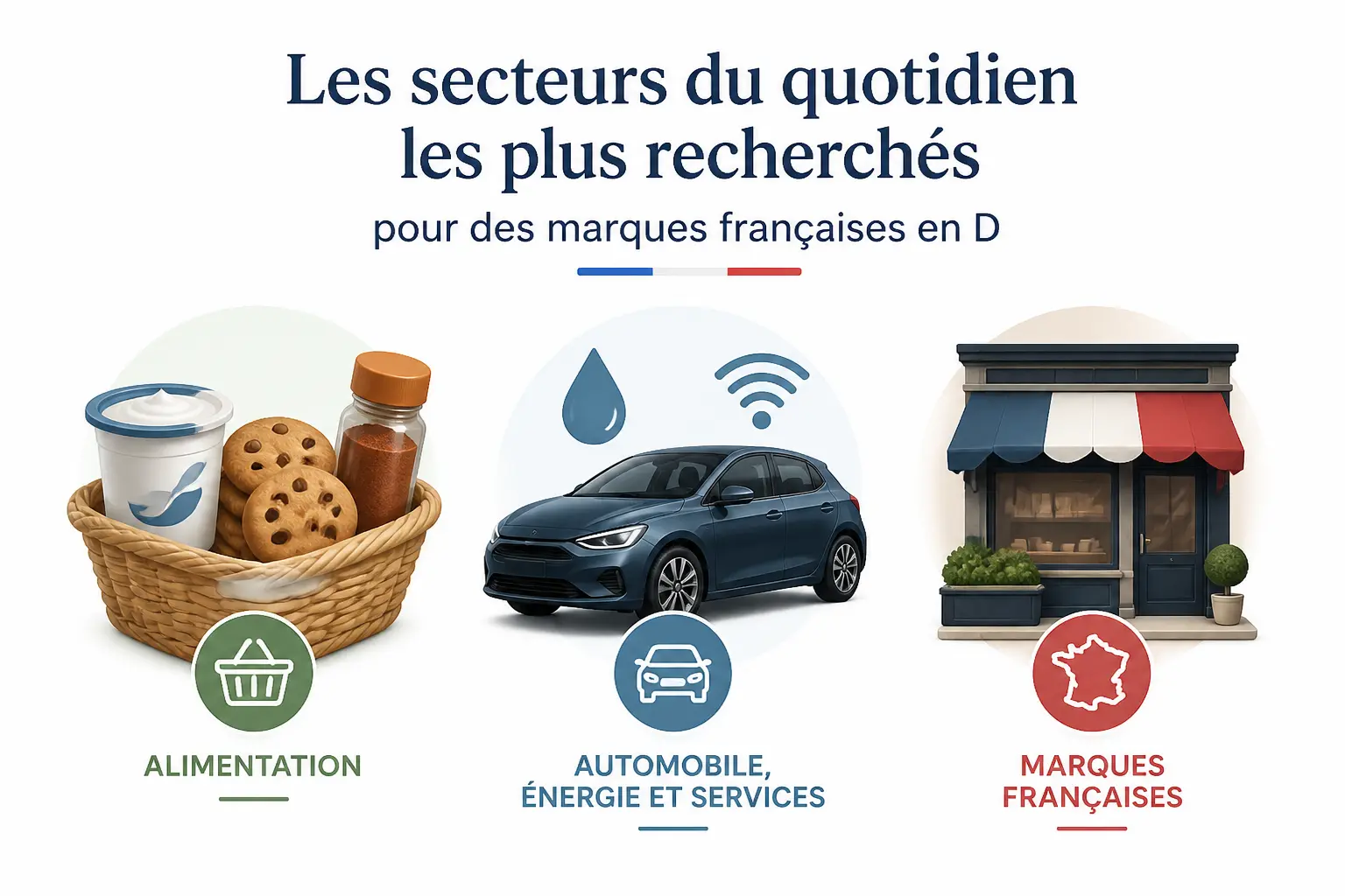 Infographie épurée sur la marque en d : alimentation, automobile, énergie et marques françaises.