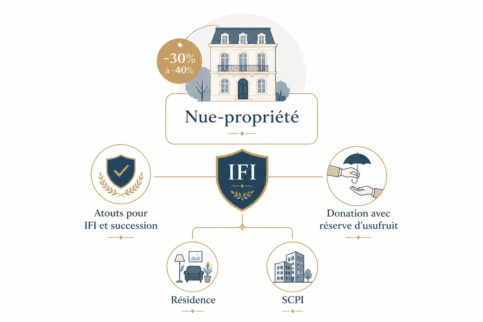 Schéma sur la nue propriete : bien à prix réduit, bouclier IFI-succession et donation avec réserve d’usufruit