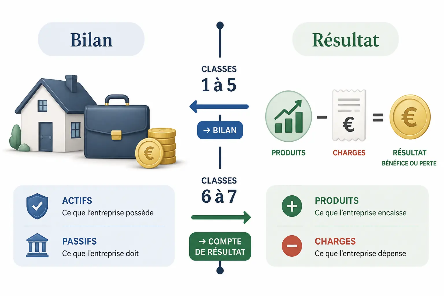 Plan comptable : schéma bilan/résultat avec classes 1 à 5 vers le bilan et 6 à 7 vers le compte de résultat.