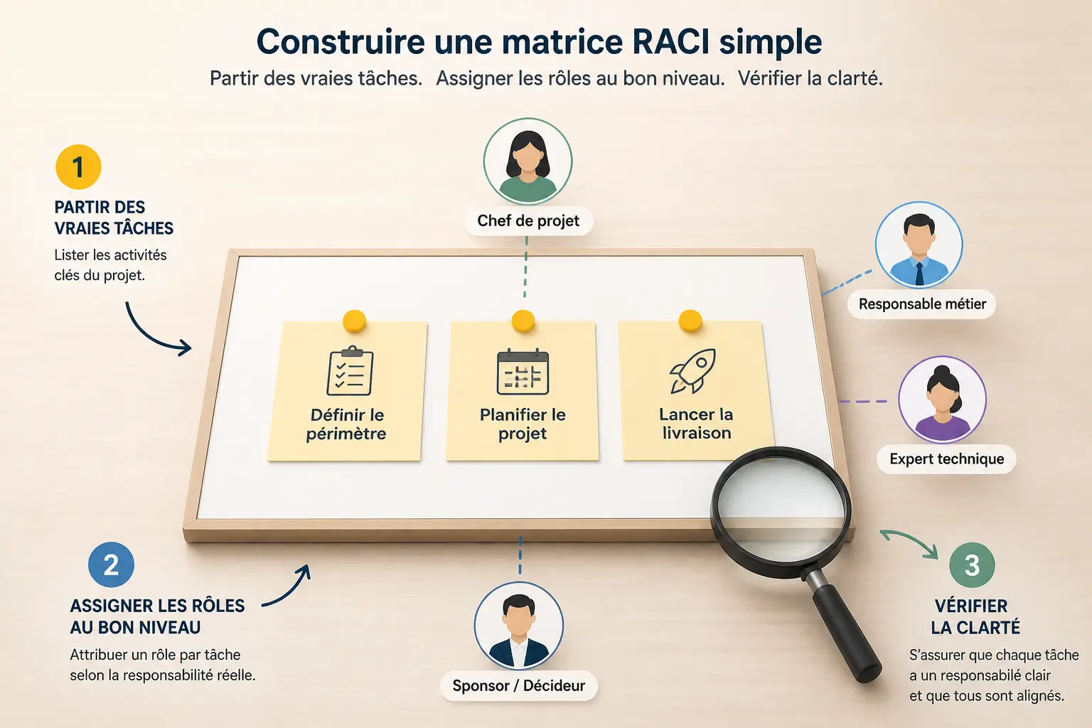 Schéma éducatif d’un tableau raci simple avec 3 tâches, 4 rôles et une loupe de vérification.