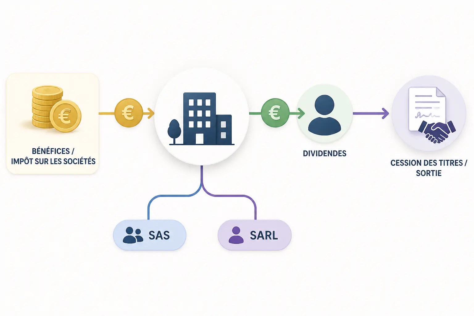 Schéma fiscal sas ou sarl : bénéfices, dividendes et cession des titres entre société et associé
