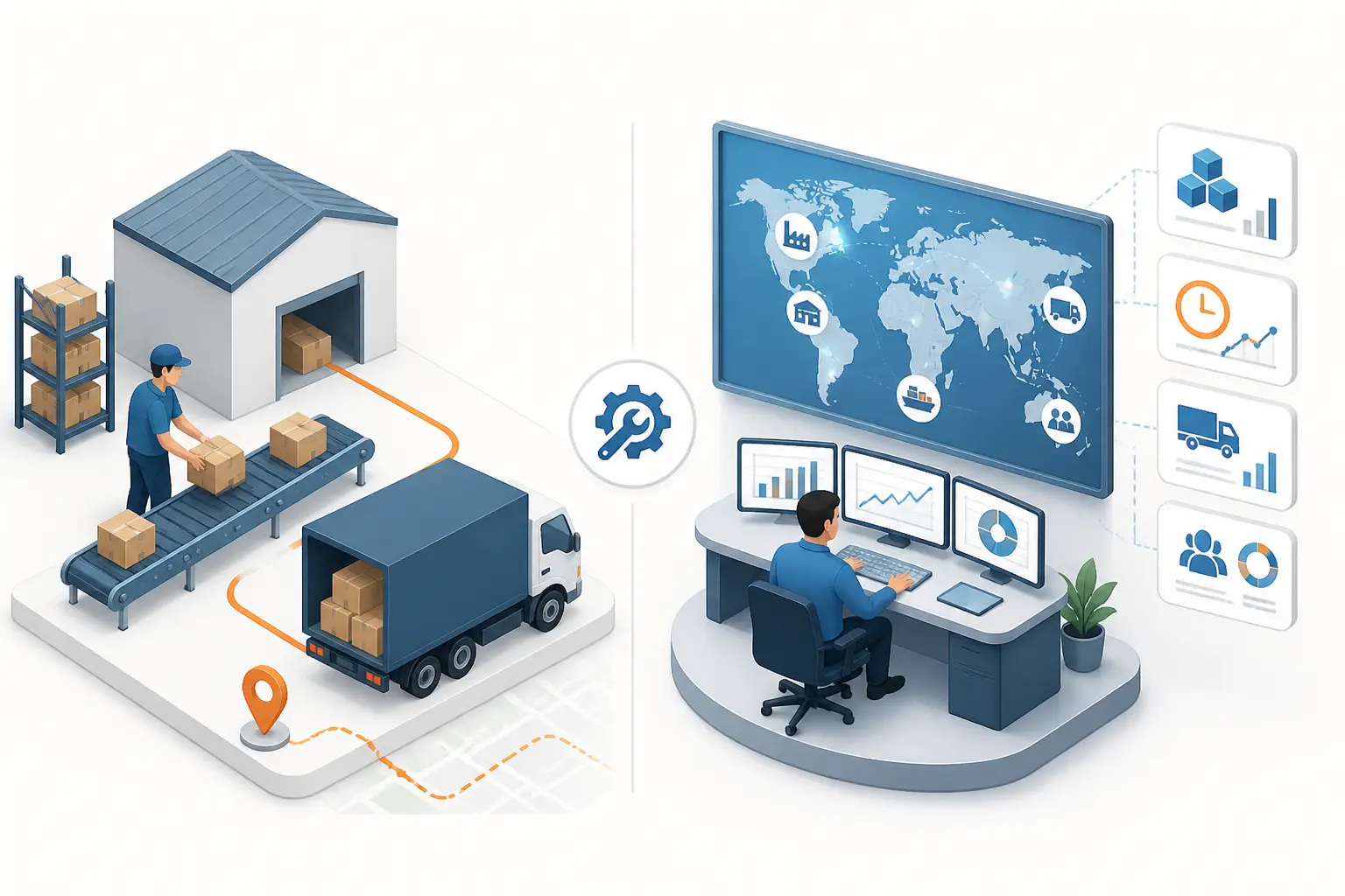 Illustration isométrique de supply chain : logistique d’entrepôt à gauche, pilotage stratégique et KPI à droite.