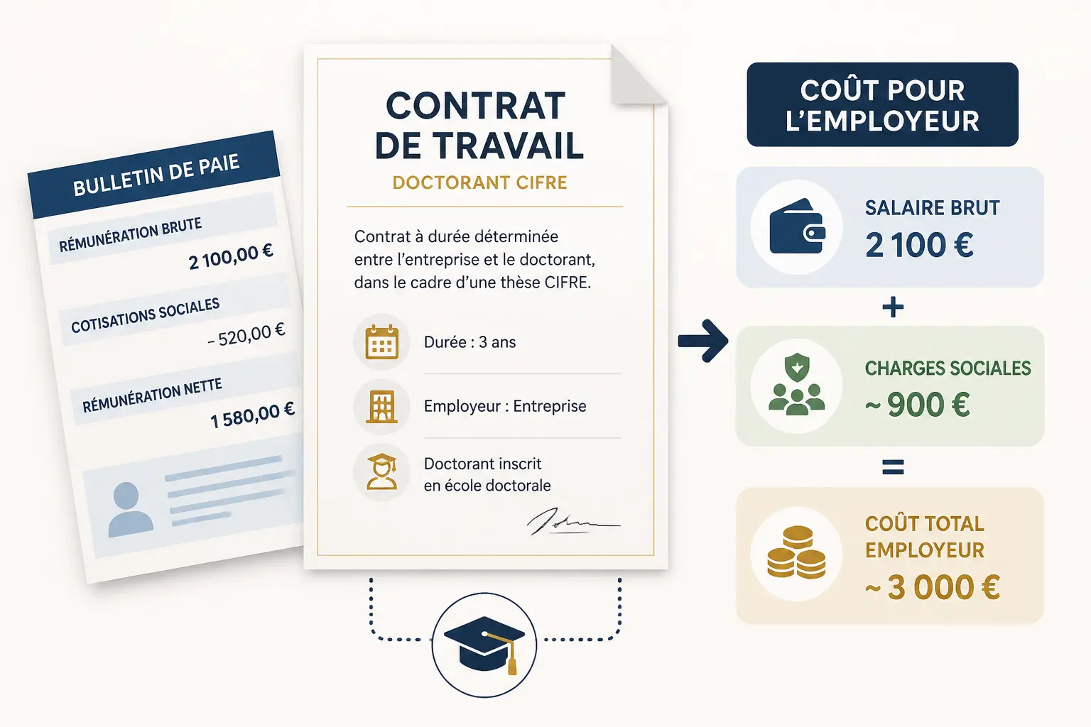 Thèse CIFRE : contrat de travail, fiche de paie et coût employeur illustrés avec salaire brut et charges.